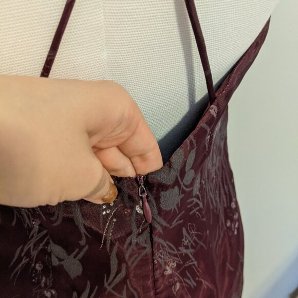 Vintage 90s Burgundy Dress Prom Formal Silver Floral Whimsygoth Witchy Sz 10 - Picture 5 of 12